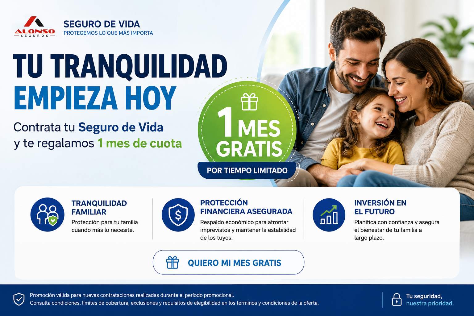 Seguro de Vida — Tu tranquilidad empieza hoy. 1 mes de cuota gratis por tiempo limitado